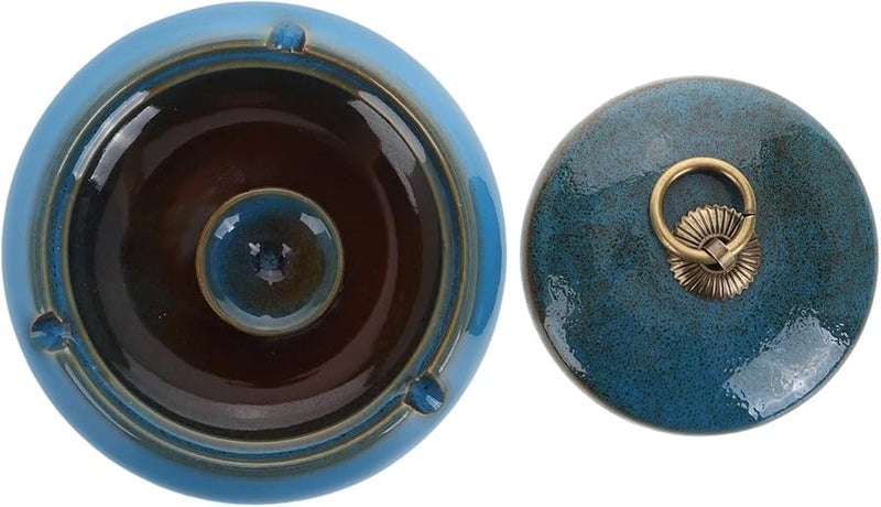 منفضة سجائر خزفية بغطاء مقاوم للرياح كبيرة زرقاء بدون دخان لمكتب المنزل أو الفناء - Image 1